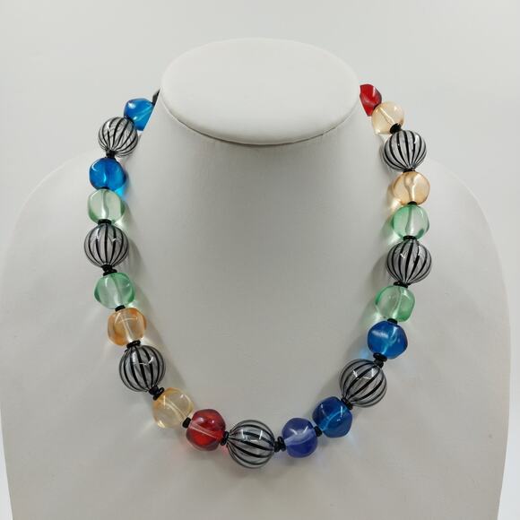 Multicolor Large Glass Beaded Necklace Clear Chunky Beads 9.5" Toggle Clasp - Picture 1 of 6